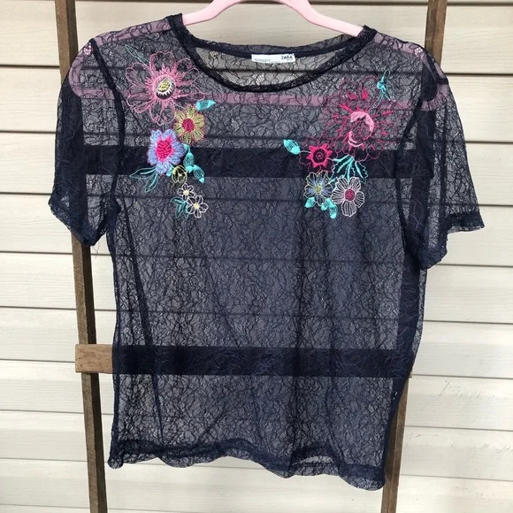 NWOT Sheer Floral Mesh Lace Zara Blouse with Floral Embroidery - Picture 3 of 10
